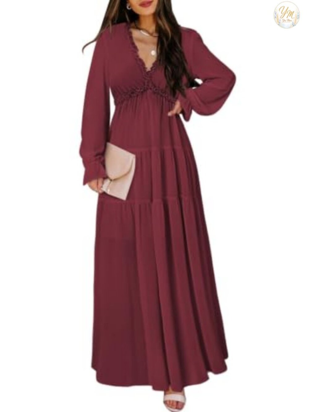 Boho Floral Deep V Neck Long Sleeve Maxi Dress